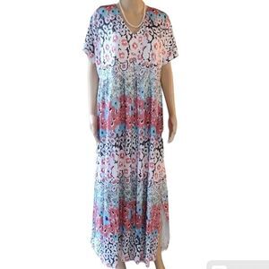 Women's Size XL Exclusive Multicolor Short Sleeve V Neck Maxi Dress